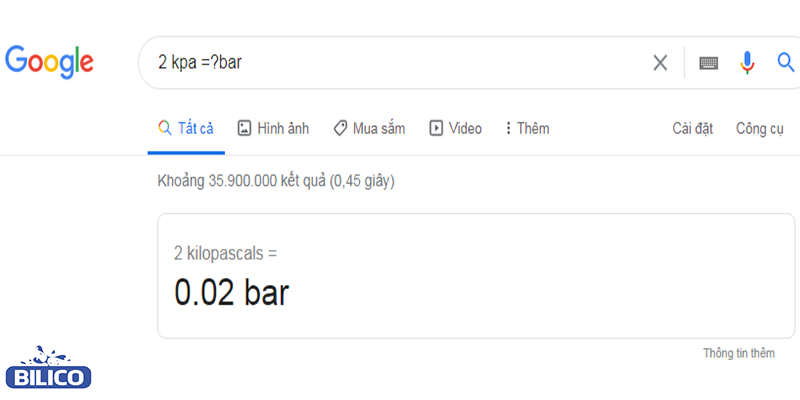 Cách đổi đơn vị kPa sang Bar bằng google